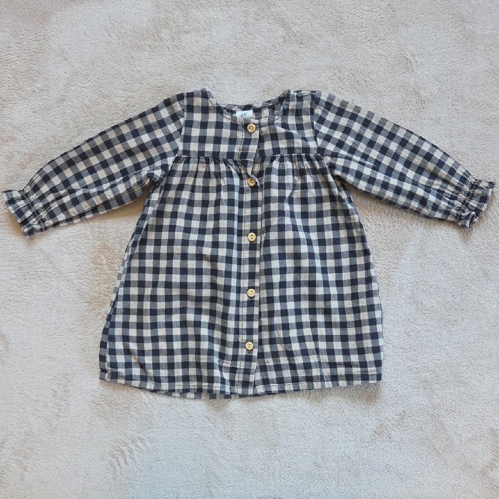 H&M Long Sleeve Cotton Dress Dark Grey Checked